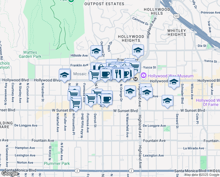 map of restaurants, bars, coffee shops, grocery stores, and more near 7045 Hawthorn Avenue in Los Angeles