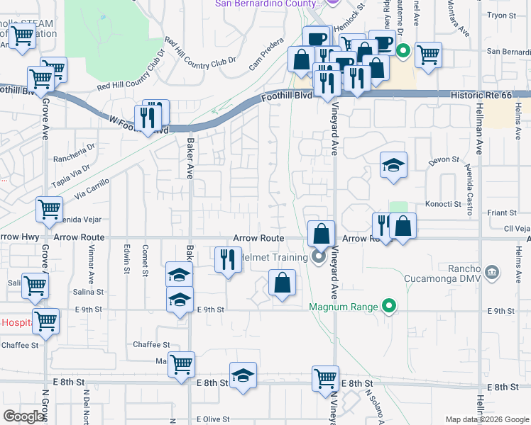 map of restaurants, bars, coffee shops, grocery stores, and more near 8730 Cedar Point Court in Rancho Cucamonga