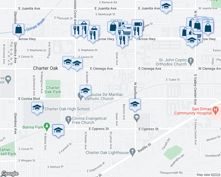 map of restaurants, bars, coffee shops, grocery stores, and more near 1137 Lyman Avenue in Covina
