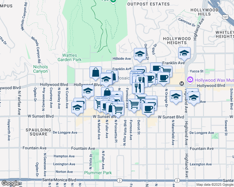 map of restaurants, bars, coffee shops, grocery stores, and more near 1636 North Fuller Avenue in Los Angeles