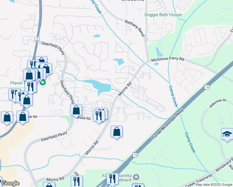 map of restaurants, bars, coffee shops, grocery stores, and more near 13153 Fasherstone Drive in Alpharetta