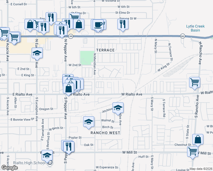 map of restaurants, bars, coffee shops, grocery stores, and more near 2578 West Rialto Avenue in San Bernardino