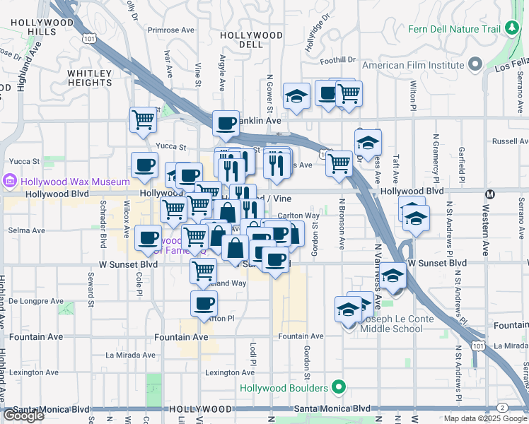 map of restaurants, bars, coffee shops, grocery stores, and more near 1633 North Gower Street in Los Angeles