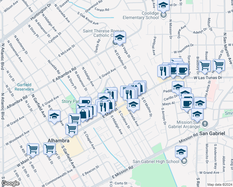 map of restaurants, bars, coffee shops, grocery stores, and more near North Granada Avenue in Alhambra