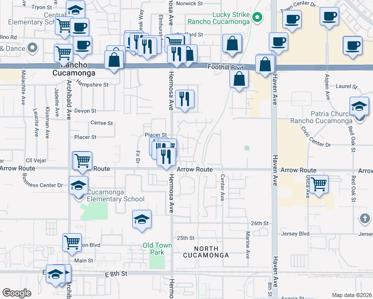 map of restaurants, bars, coffee shops, grocery stores, and more near 8426 Western Trail Place in Rancho Cucamonga