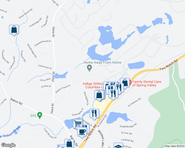 map of restaurants, bars, coffee shops, grocery stores, and more near 927 Yarrow Lane in Columbia