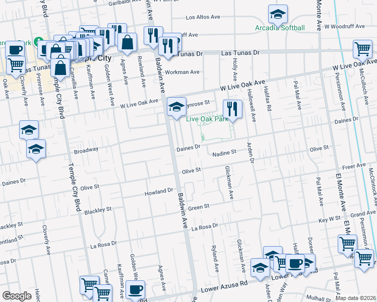 map of restaurants, bars, coffee shops, grocery stores, and more near 10038 Daines Drive in Temple City