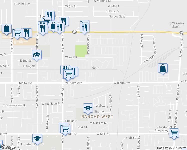 map of restaurants, bars, coffee shops, grocery stores, and more near 2640 West Rialto Avenue in San Bernardino