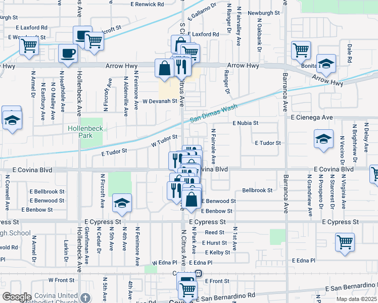 map of restaurants, bars, coffee shops, grocery stores, and more near 1143 Orchard Drive in Covina