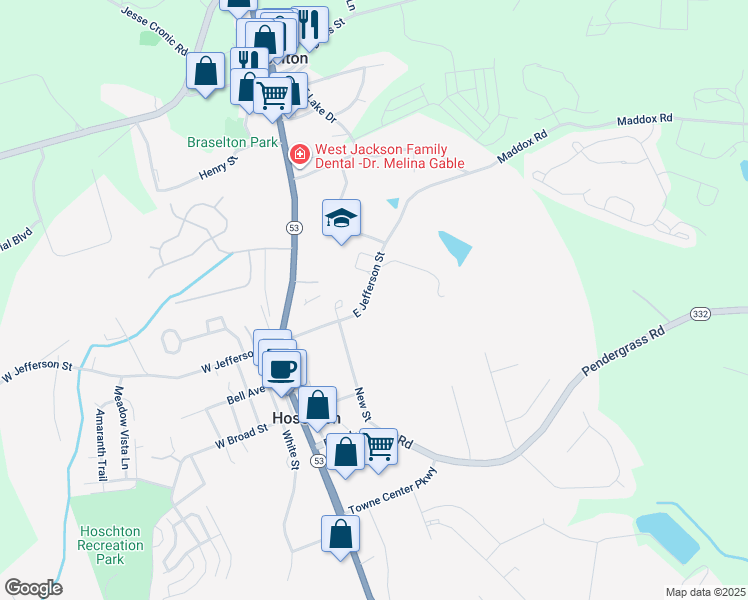 map of restaurants, bars, coffee shops, grocery stores, and more near 246 East Jefferson Street in Hoschton