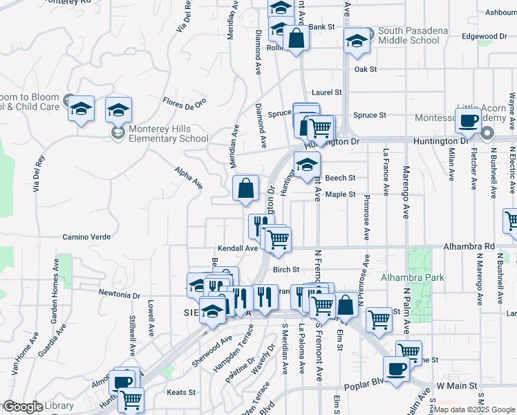 map of restaurants, bars, coffee shops, grocery stores, and more near 1158 Huntington Drive in South Pasadena