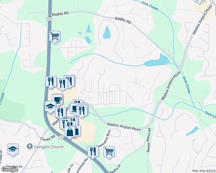 map of restaurants, bars, coffee shops, grocery stores, and more near 3280 Warbler Way in Cumming