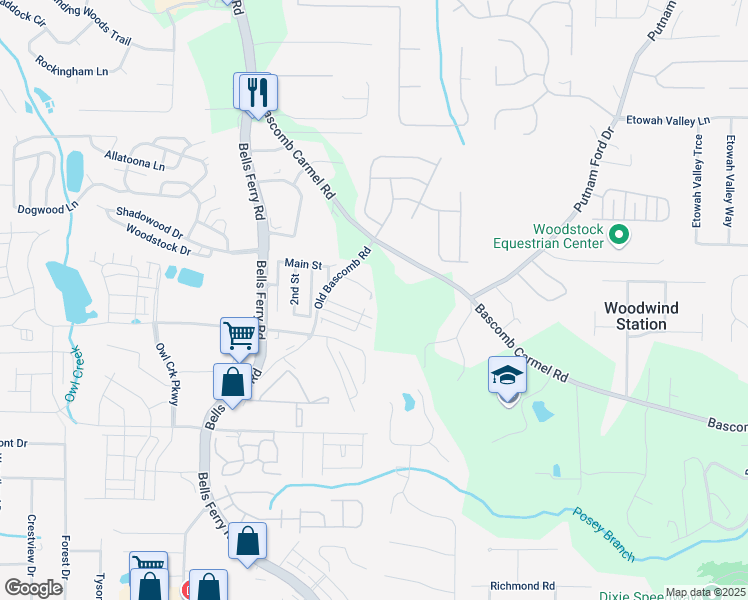 map of restaurants, bars, coffee shops, grocery stores, and more near 6050 Old Bascomb Road in Acworth