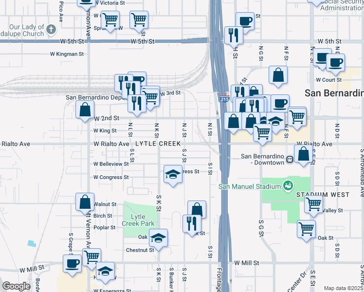 map of restaurants, bars, coffee shops, grocery stores, and more near 1024 West Rialto Avenue in San Bernardino