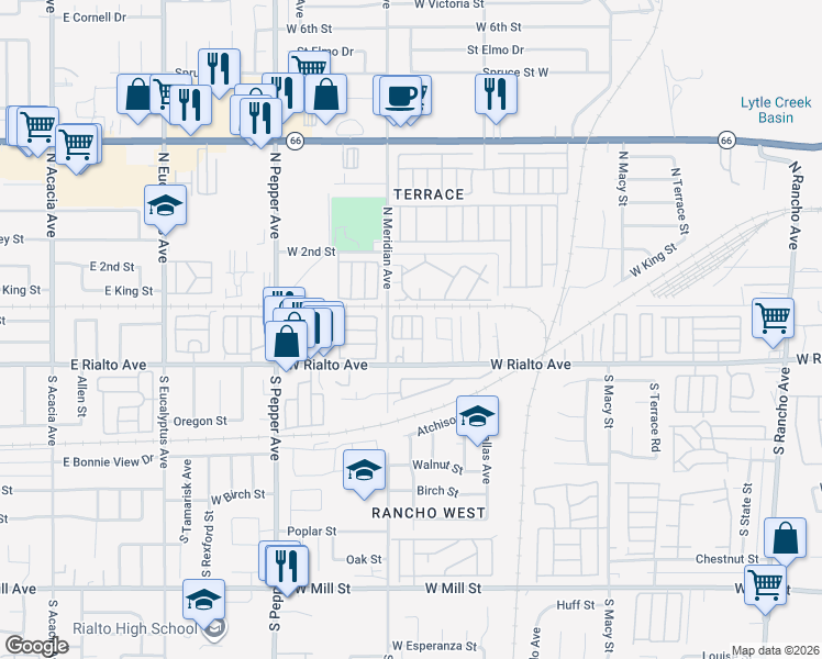 map of restaurants, bars, coffee shops, grocery stores, and more near 2640 West Rialto Avenue in San Bernardino