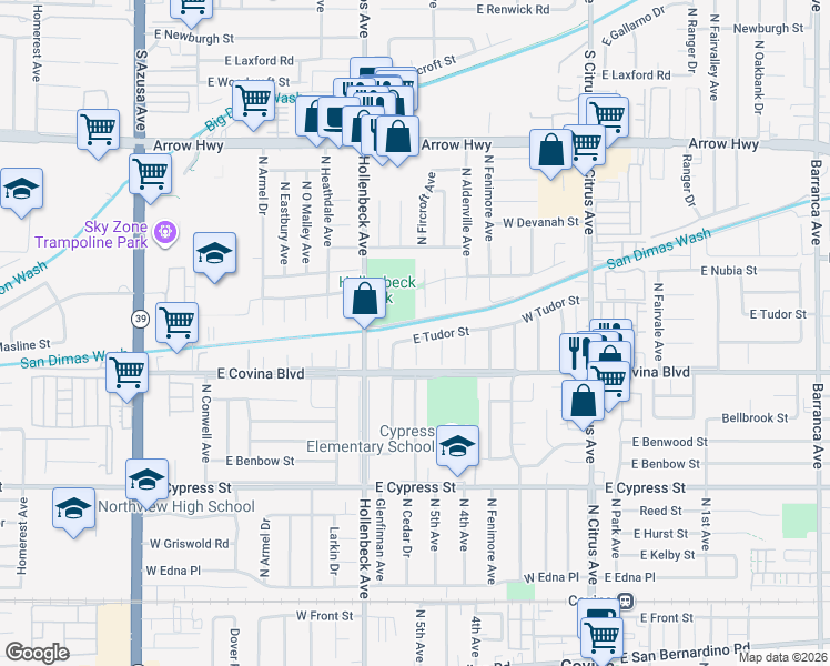 map of restaurants, bars, coffee shops, grocery stores, and more near 409 West Tudor Street in Covina