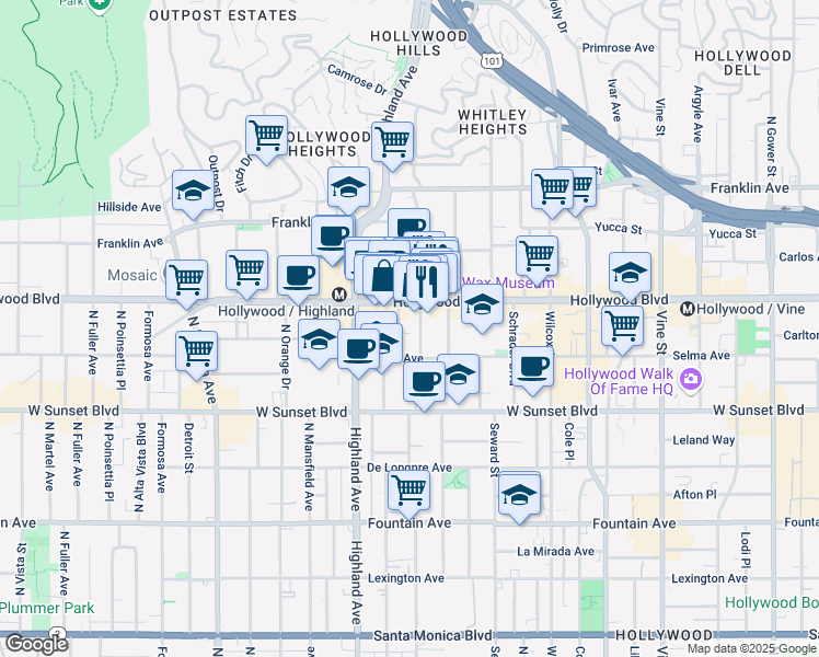 map of restaurants, bars, coffee shops, grocery stores, and more near 6712 Hollywood Boulevard in Los Angeles