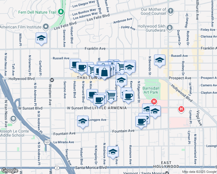map of restaurants, bars, coffee shops, grocery stores, and more near 1627 North Normandie Avenue in Los Angeles