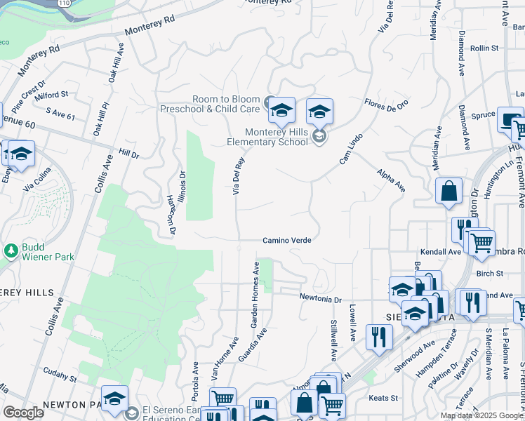 map of restaurants, bars, coffee shops, grocery stores, and more near 431 La Terraza Street in South Pasadena