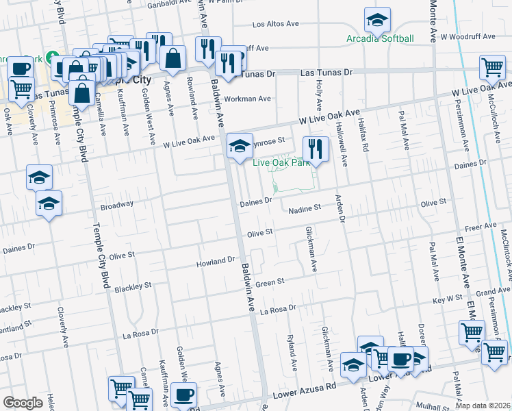 map of restaurants, bars, coffee shops, grocery stores, and more near 10038 Daines Drive in Temple City