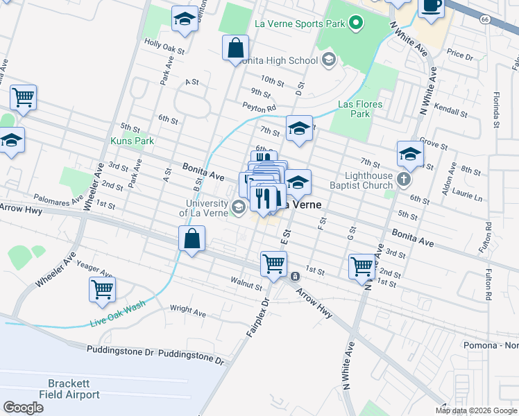 map of restaurants, bars, coffee shops, grocery stores, and more near 2307 D Street in La Verne