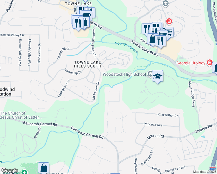 map of restaurants, bars, coffee shops, grocery stores, and more near 108 Hearthstone Walk in Woodstock