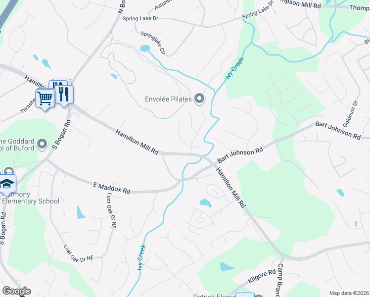 map of restaurants, bars, coffee shops, grocery stores, and more near 3970 Inman Park Lane in Buford
