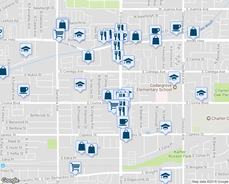 map of restaurants, bars, coffee shops, grocery stores, and more near 19331 East Greenhaven Street in Covina