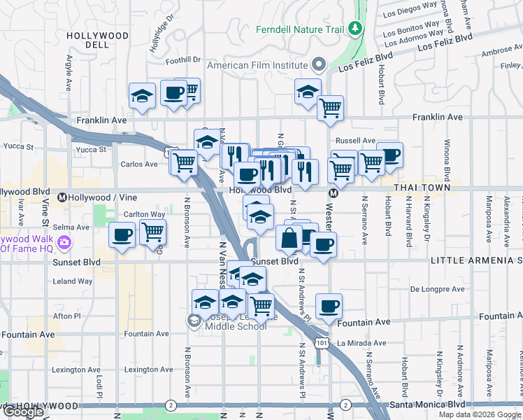 map of restaurants, bars, coffee shops, grocery stores, and more near 5705 Carlton Way in Los Angeles