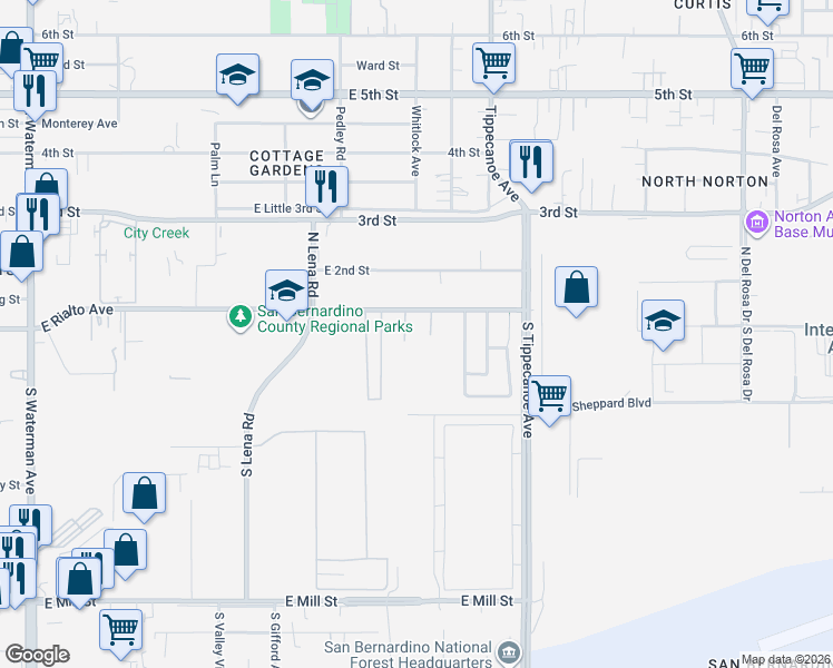 map of restaurants, bars, coffee shops, grocery stores, and more near 979 East Rialto Avenue in San Bernardino