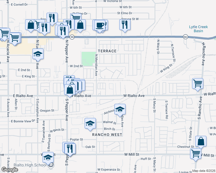 map of restaurants, bars, coffee shops, grocery stores, and more near 2578 West Rialto Avenue in San Bernardino