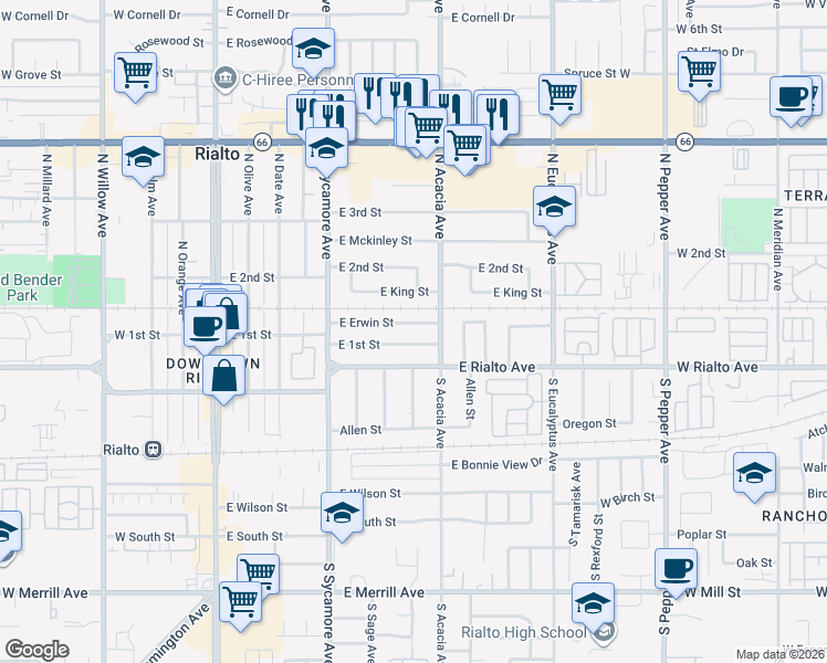 map of restaurants, bars, coffee shops, grocery stores, and more near 418 East Erwin Street in Rialto