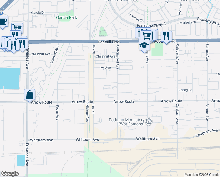 map of restaurants, bars, coffee shops, grocery stores, and more near 8382 Cottonwood Avenue in Fontana