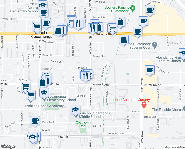 map of restaurants, bars, coffee shops, grocery stores, and more near 8410 Hermosa Avenue in Rancho Cucamonga