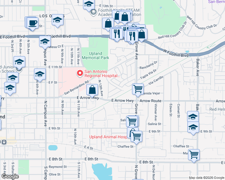 map of restaurants, bars, coffee shops, grocery stores, and more near Fife Avenue in Upland