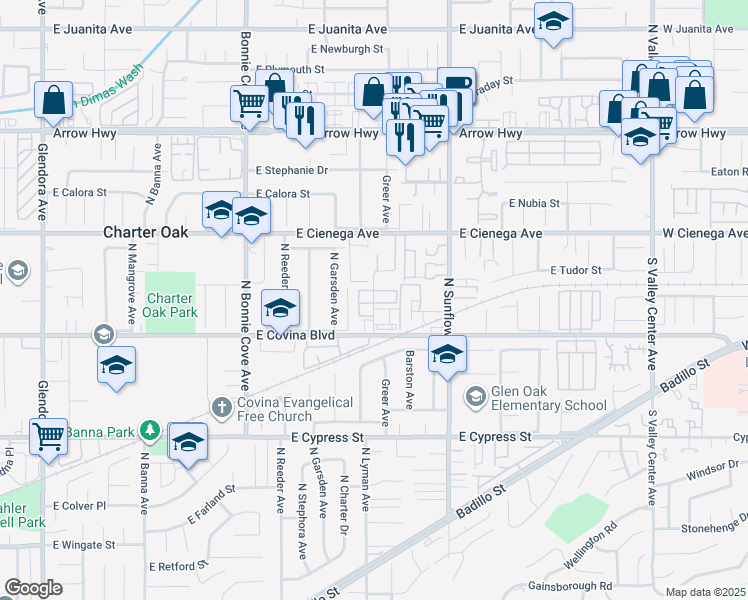 map of restaurants, bars, coffee shops, grocery stores, and more near 1188 Lyman Avenue in Covina