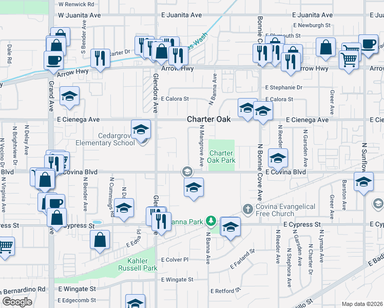 map of restaurants, bars, coffee shops, grocery stores, and more near 4848 North Rimhurst Avenue in Covina