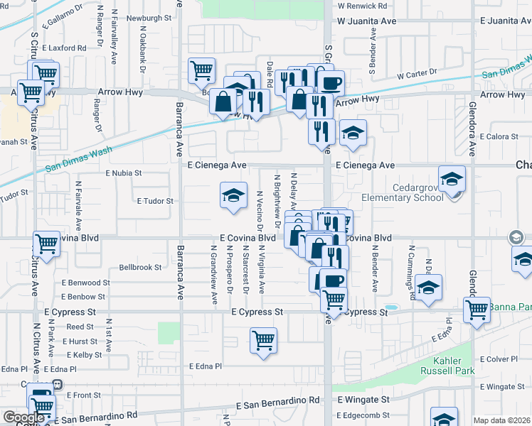 map of restaurants, bars, coffee shops, grocery stores, and more near 4849 North Brightview Drive in Covina