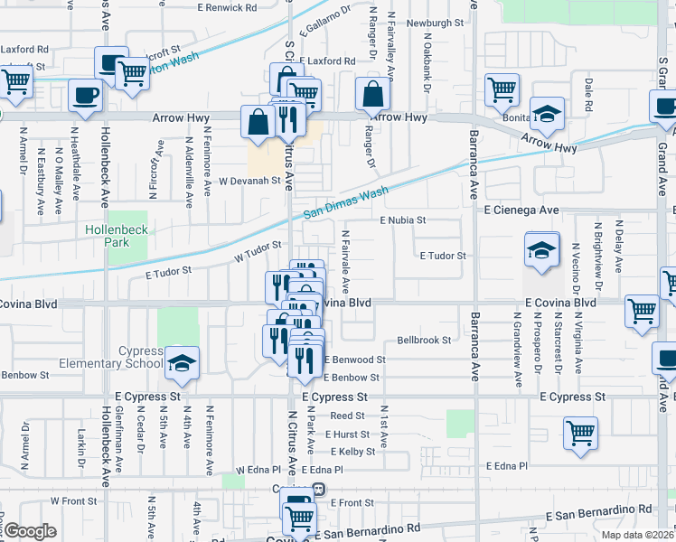 map of restaurants, bars, coffee shops, grocery stores, and more near 1173 North Fairvale Avenue in Covina