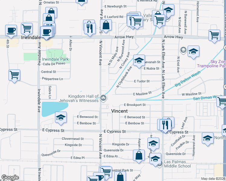 map of restaurants, bars, coffee shops, grocery stores, and more near 4904 North Saint Malo Avenue in Covina