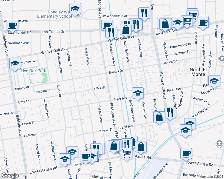 map of restaurants, bars, coffee shops, grocery stores, and more near 5370 El Monte Avenue in Temple City