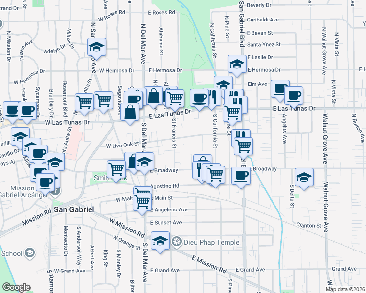 map of restaurants, bars, coffee shops, grocery stores, and more near 300 East Live Oak Street in San Gabriel
