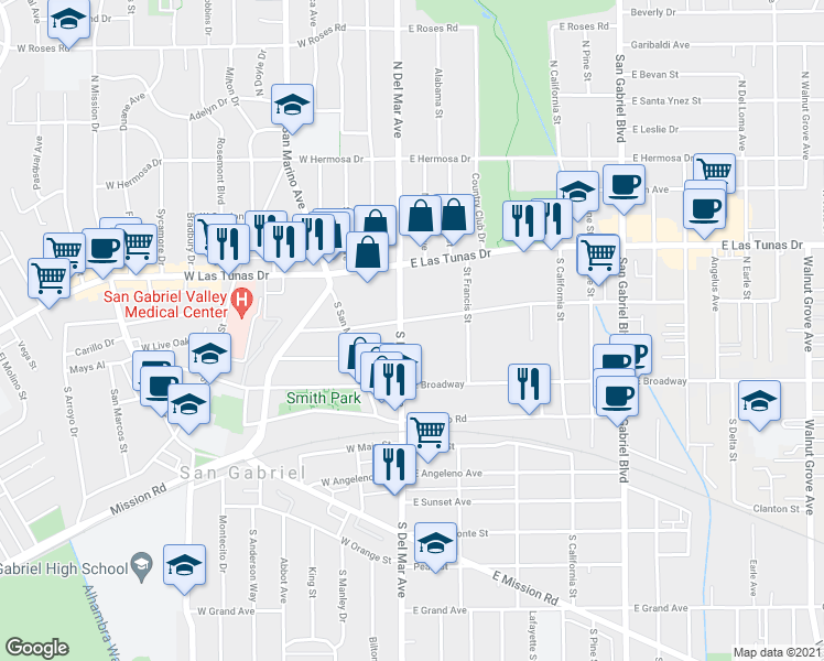 map of restaurants, bars, coffee shops, grocery stores, and more near 146 South Del Mar Avenue in San Gabriel