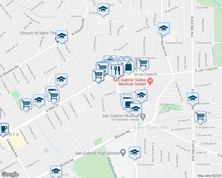 map of restaurants, bars, coffee shops, grocery stores, and more near 821 Padilla Street in San Gabriel