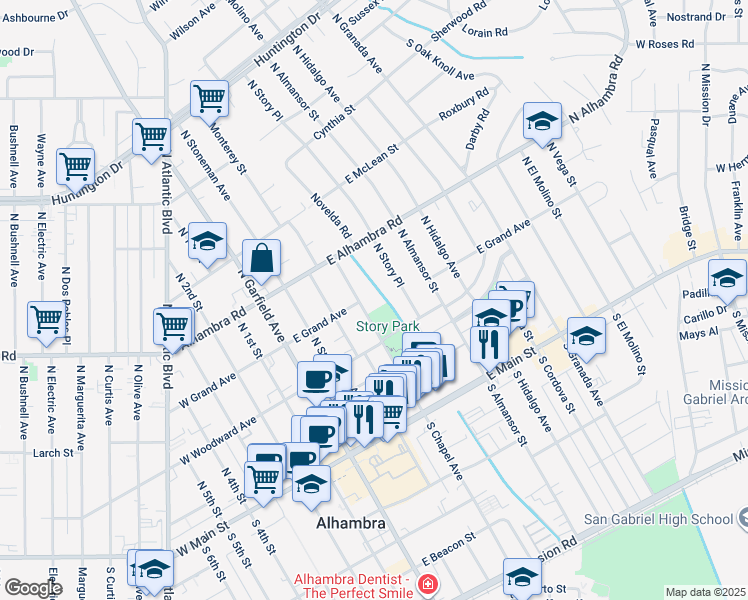 map of restaurants, bars, coffee shops, grocery stores, and more near 400 North Chapel Avenue in Alhambra