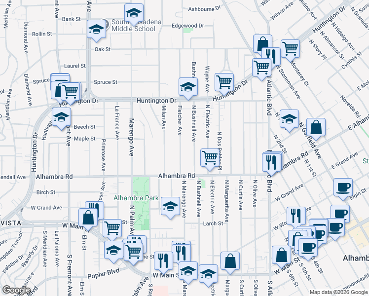 map of restaurants, bars, coffee shops, grocery stores, and more near 803 North Bushnell Avenue in Alhambra
