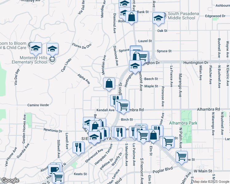 map of restaurants, bars, coffee shops, grocery stores, and more near 2004 Meridian Avenue in South Pasadena