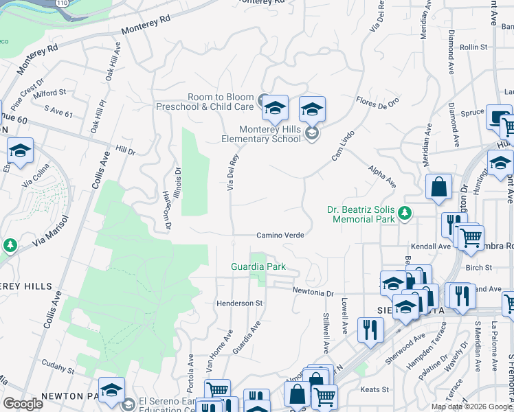 map of restaurants, bars, coffee shops, grocery stores, and more near 422 La Terraza Street in South Pasadena