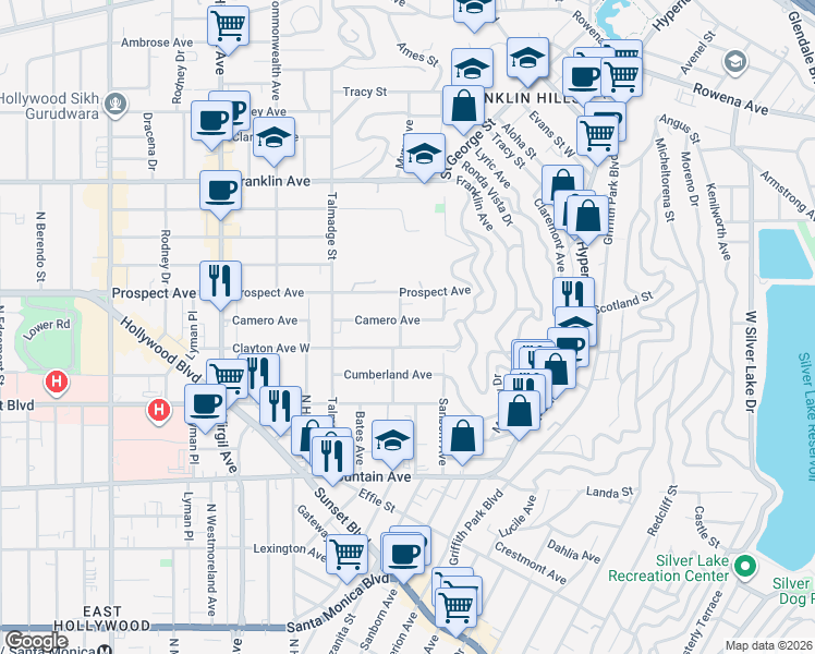 map of restaurants, bars, coffee shops, grocery stores, and more near 4027 Camero Avenue in Los Angeles