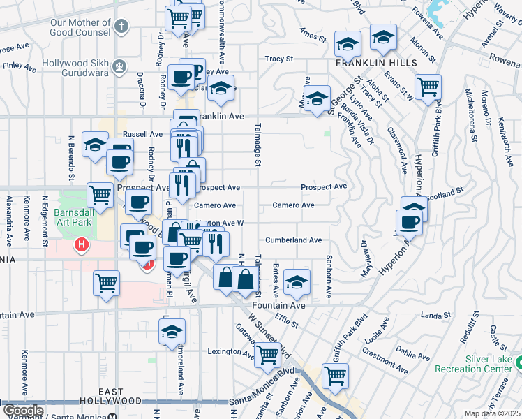 map of restaurants, bars, coffee shops, grocery stores, and more near 4215 Camero Avenue in Los Angeles